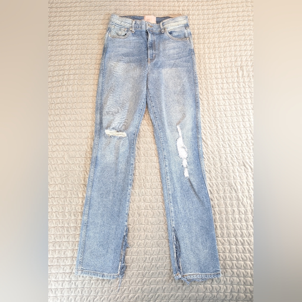 Revice Women's Size 29 Medium Wash High Rise Distressed Straight Leg Jeans Denim